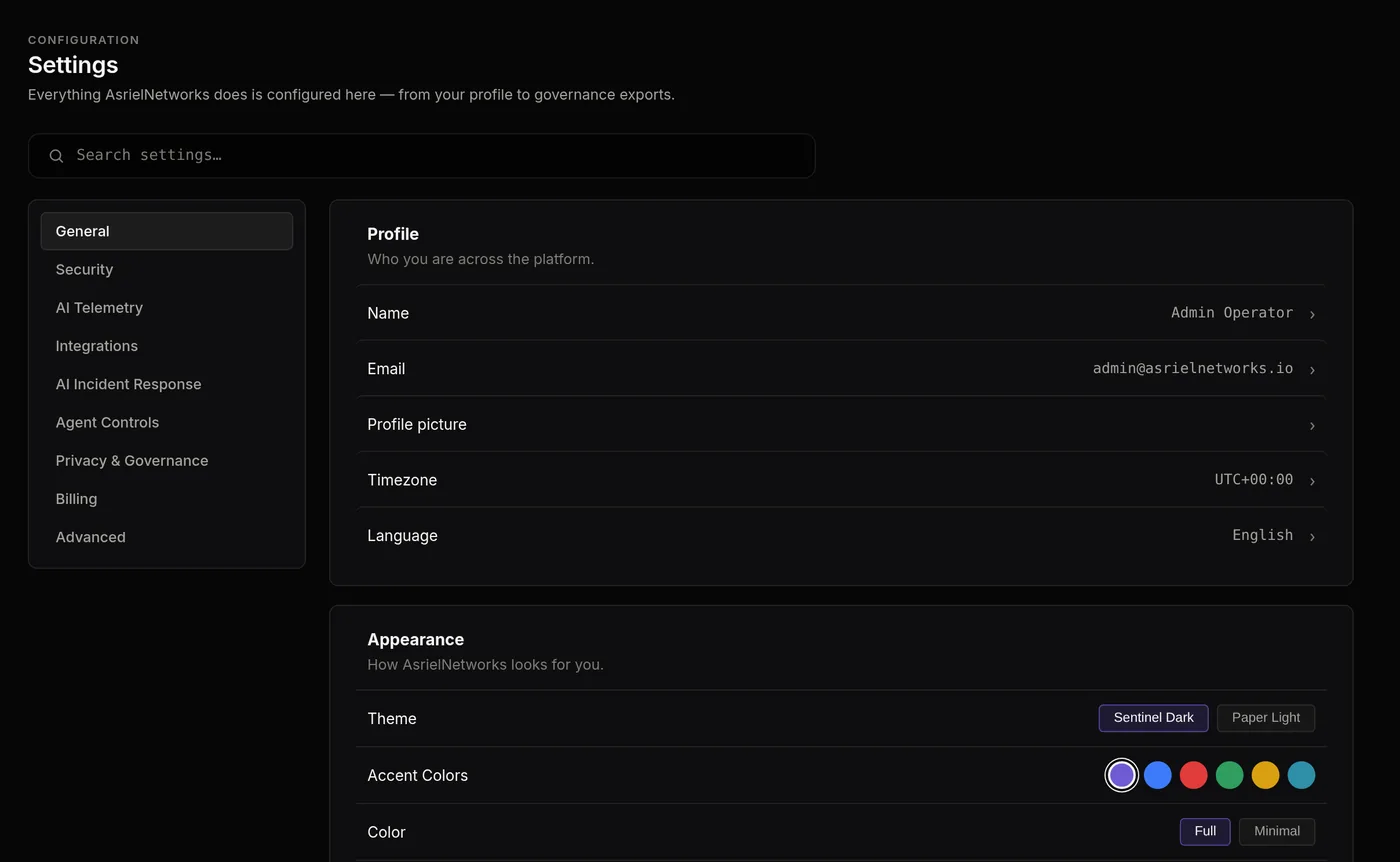 Settings: General with profile and appearance, and the category list.